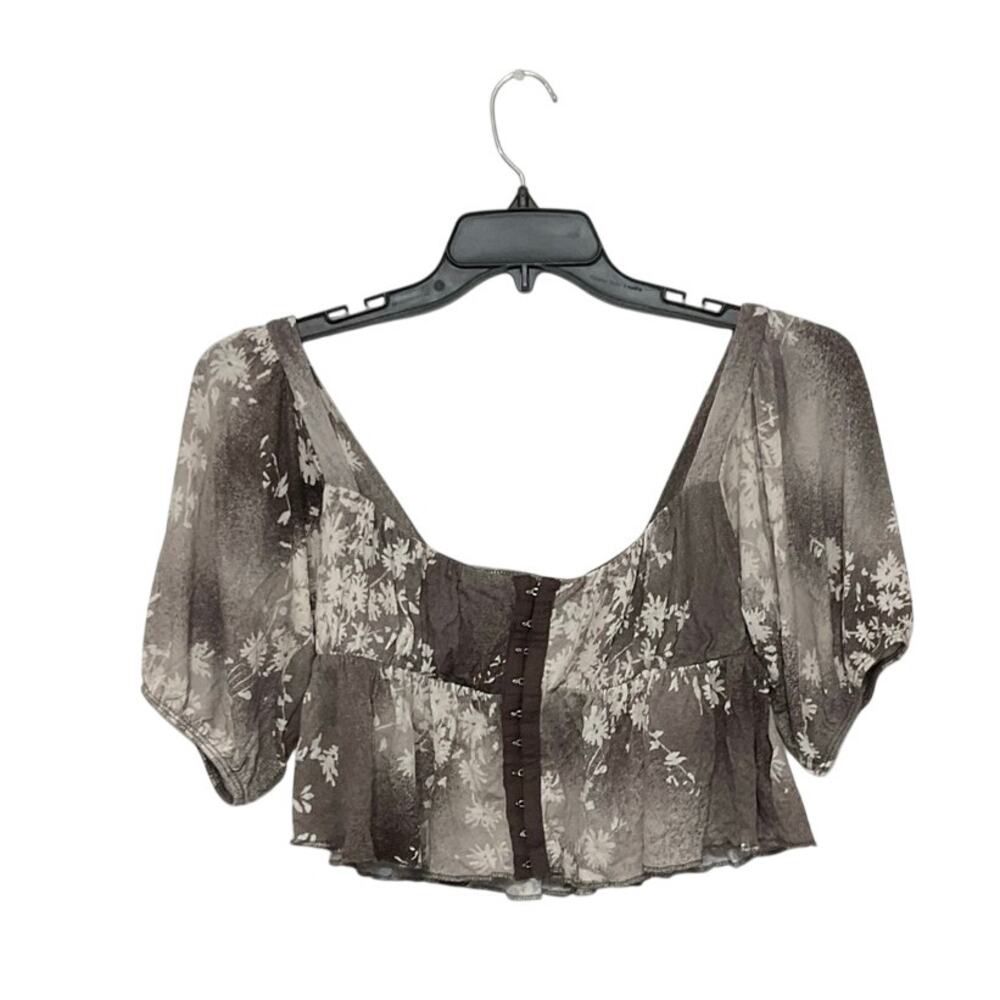 Urban Outfitters Lisabeth Half Puff Sleeve Blouse Sz Medium Brown/Cream Prairie